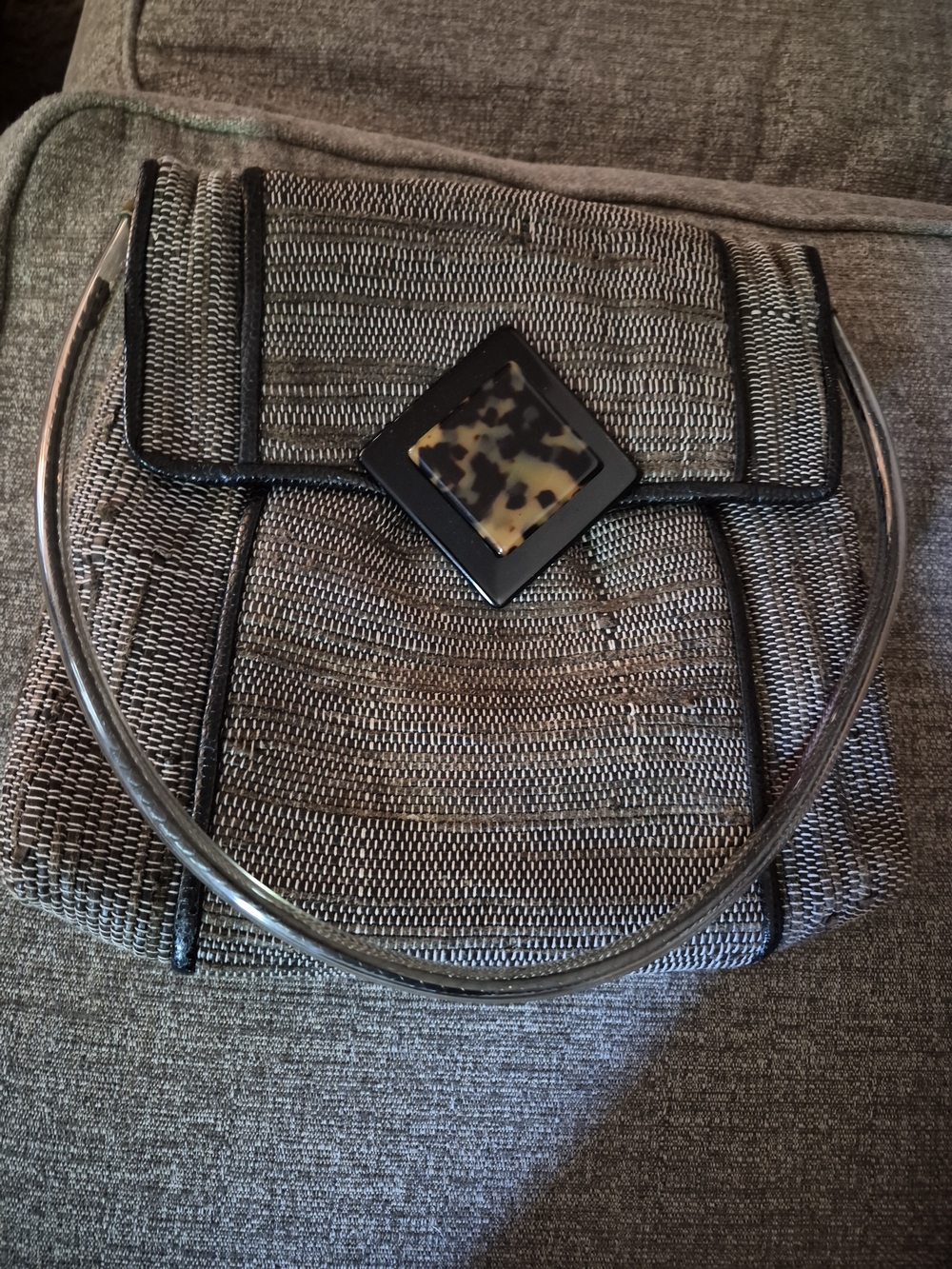 Woven Metallic Gray Shoulder Bag with Tortoiseshell Accent